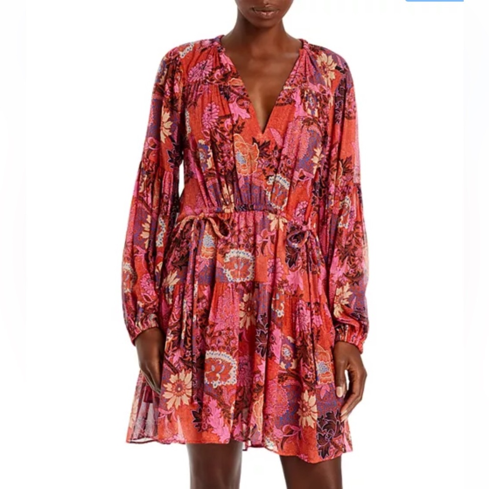 A.L.C. Elise 100% Silk Long Sleeve Mini Dress Pink Red Floral size 0 retail $550 - Picture 2 of 6